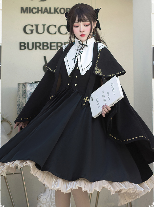 Autumn Winter Golden Embroidery Cloak School Lolita Three-piece Suit