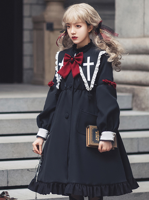 Nun Diary Series Double-faced Tweed Gothic Lolita Retro Black Coat