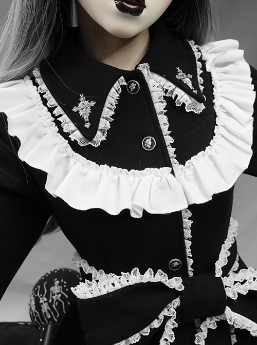 Gothic Cross White Lace Slim Black Lolita Coat