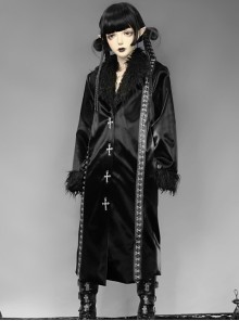 Dark Matter Series Black Plush Collar Gothic Long Coat Female