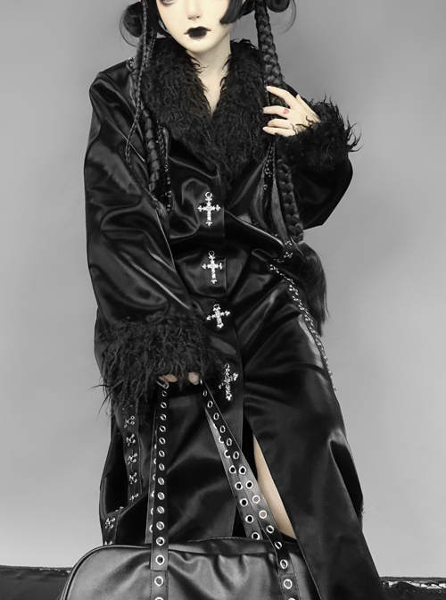 Dark Matter Series Black Plush Collar Gothic Long Coat Female