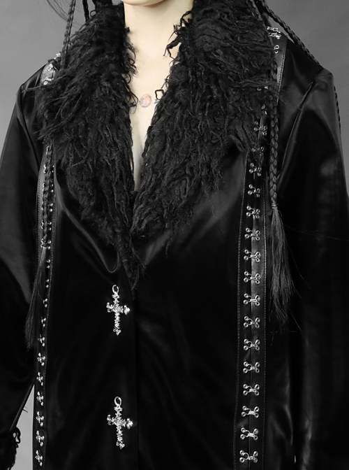 Dark Matter Series Black Plush Collar Gothic Long Coat Female