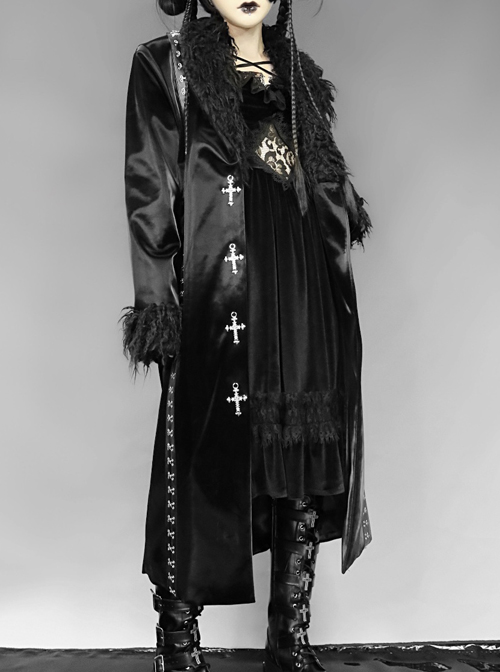 Dark Matter Series Black Plush Collar Gothic Long Coat Female