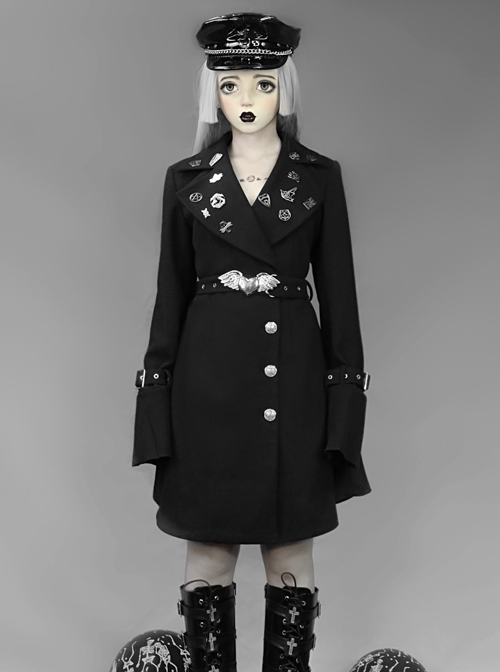 Darkness Gothic Metal Decoration Black Medium Length Coat