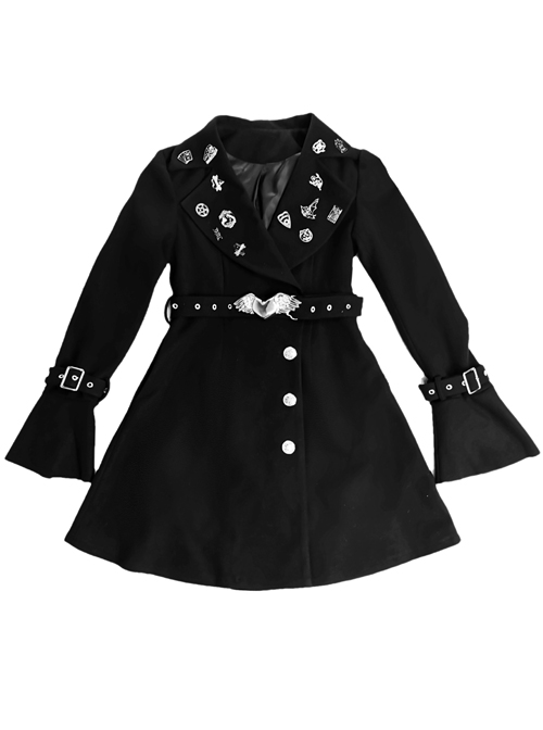 Darkness Gothic Metal Decoration Black Medium Length Coat