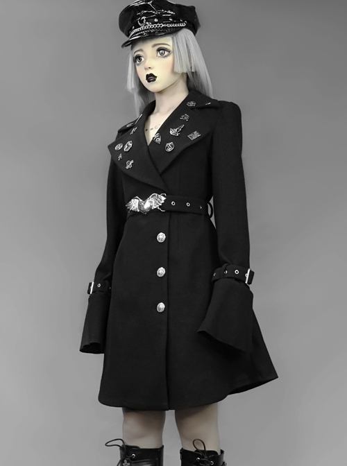 Darkness Gothic Metal Decoration Black Medium Length Coat