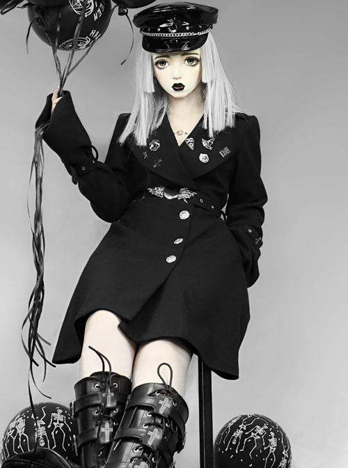 Darkness Gothic Metal Decoration Black Medium Length Coat