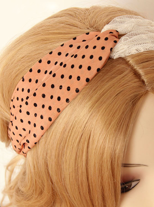 Retro Pink And Black Polka Dot And White Lace Hair Band