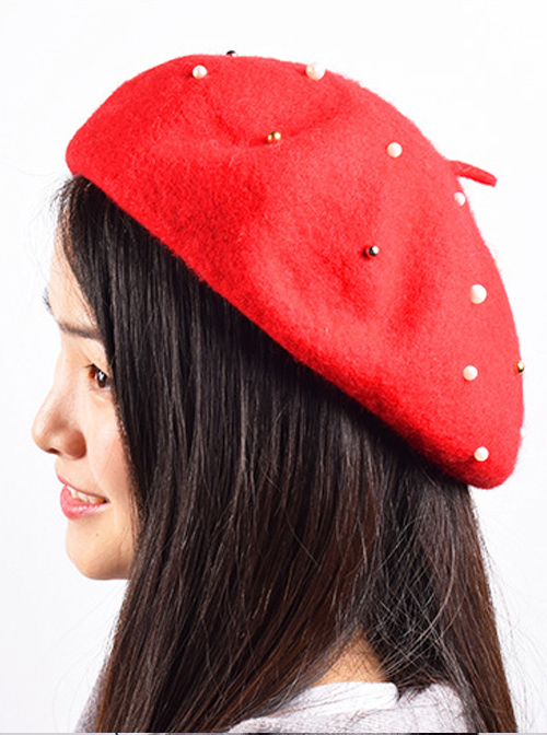 Concise Red Pure Color Pearl Lolita Beret