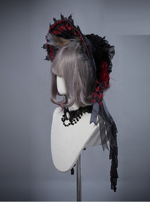 Moon Wolf Red And Black Lace Gothic Lolita Bonnet