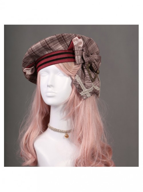 Cats Series Wine Red Lattice Bowknot Classic Lolita Beret