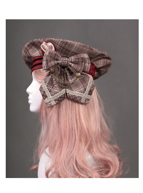 Cats Series Wine Red Lattice Bowknot Classic Lolita Beret