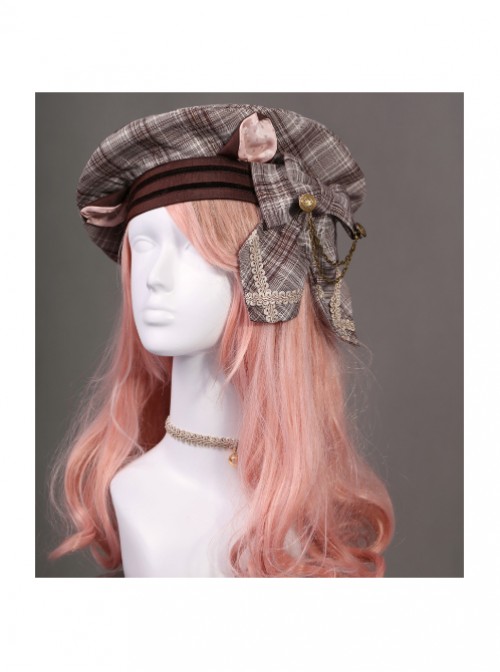 Cats Series Dark Brown Lattice Bowknot Classic Lolita Beret