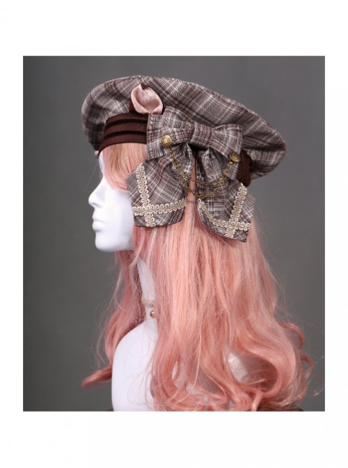 Cats Series Dark Brown Lattice Bowknot Classic Lolita Beret