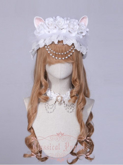 Wedding Cat Series White Rose Pearl Chain White Lace Lolita Hair Band