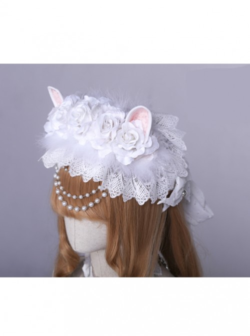 Wedding Cat Series White Rose Pearl Chain White Lace Lolita Hair Band