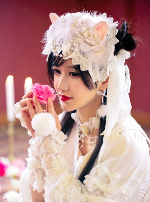 Wedding Cat Series White Rose Pearl Chain White Lace Lolita Hair Band
