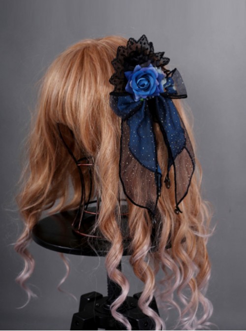 Obsidian Butterfly Dance Series Jewelry Blue Rose Gothic Lolita Hair Clip