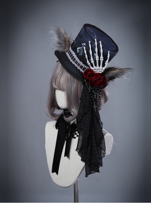 Moon Wolf Series Rose Black Gothic Lolita Bowler Hat