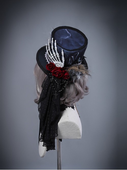Moon Wolf Series Rose Black Gothic Lolita Bowler Hat