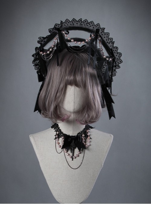 Swan Bone Series Black Swan Pearl Chain Gothic Lolita Bonnet