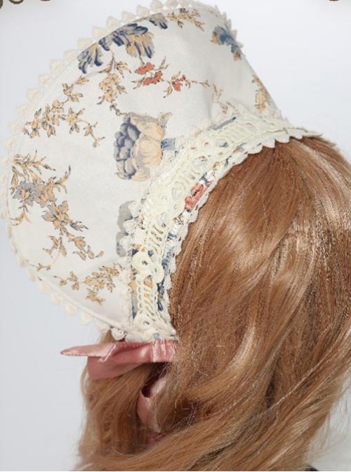 Garden Series Flower Printed White Lace Pink Lolita Bonnet