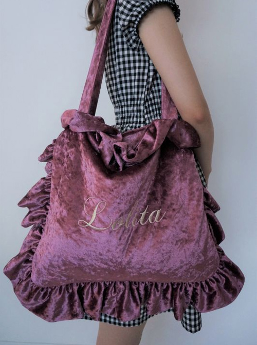 English Letter Embroidery Velvet Lolita Ruffle Shoulder Bag