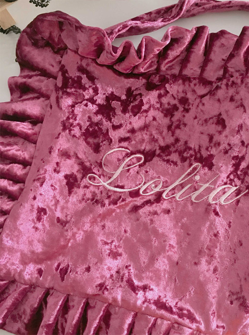 English Letter Embroidery Velvet Lolita Ruffle Shoulder Bag