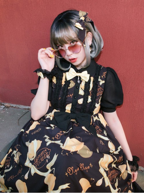 Lemon Planet Series Printing Bowknot Lolita Hairpin With The Star Pendants