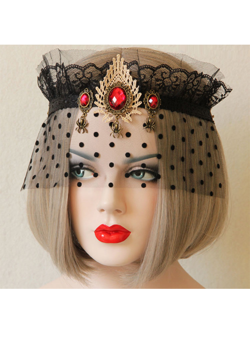 Retro Black Tulle Red Gemstone Imperial Crown Gothic Veil