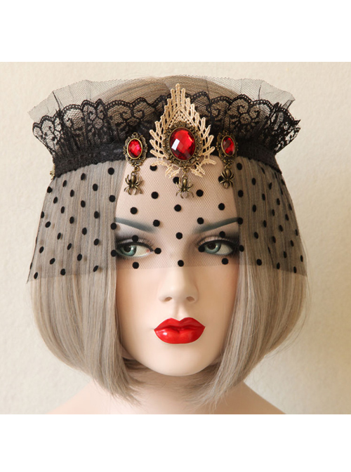 Retro Black Tulle Red Gemstone Imperial Crown Gothic Veil