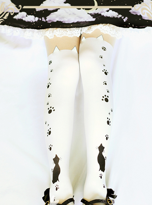 Black And White Cute Cat Bells Sweet Lolita Pantyhose