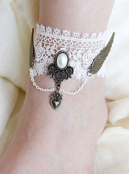 Retro Wings White Lace Lolita Anklet