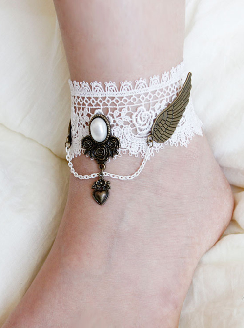 Retro Wings White Lace Lolita Anklet