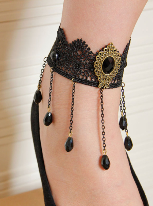 Retro Black Lace Chain Tassel Gothic Anklet