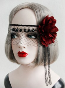 Red Flower Black Lace Veil Half Face Gothic Lolita Mask