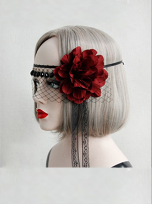 Red Flower Black Lace Veil Half Face Gothic Lolita Mask