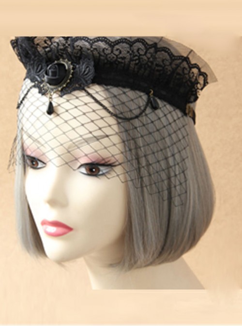 Black Lace Imperial Crown Veil Half Face Gothic Lolita Mask