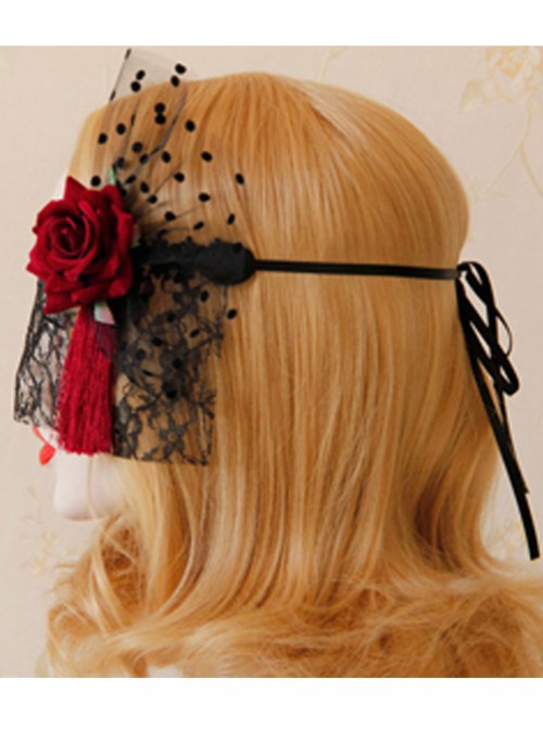 Red Flower Red Tassel Black Lace Veil Half Face Gothic Lolita Mask