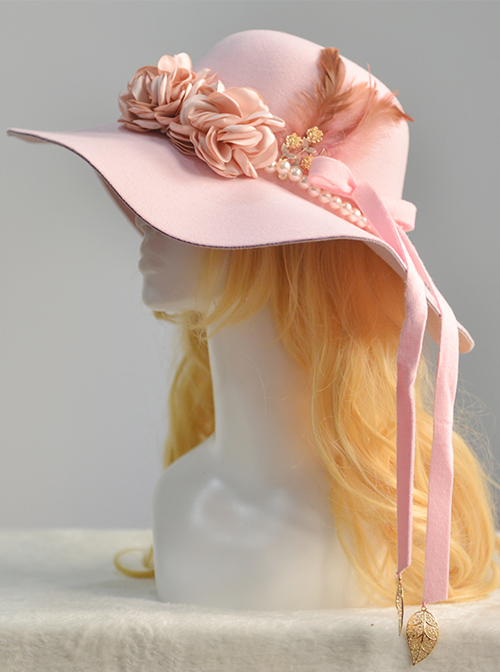 Vintage Elegance Imitation Cashmere Pearl Feather Women' Classic Lolita Hat