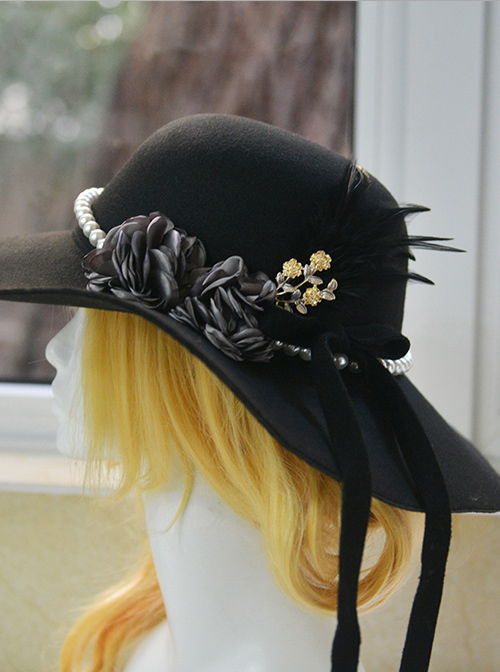 Vintage Elegance Imitation Cashmere Pearl Feather Women' Classic Lolita Hat