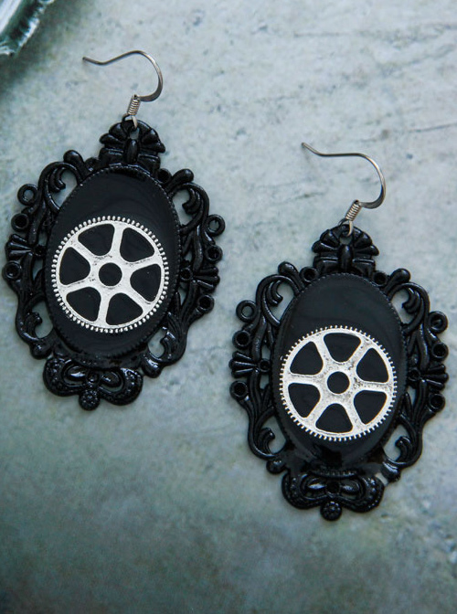 Steampunk Black Mechanical Gear Wheel Pendant Lolita Earrings