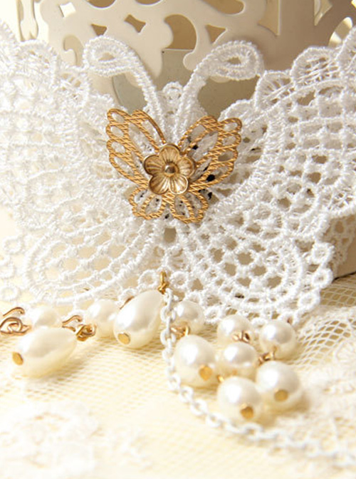 Retro Lace Butterfly Pearl Classic Lolita Bracelet And Finger Ring Set