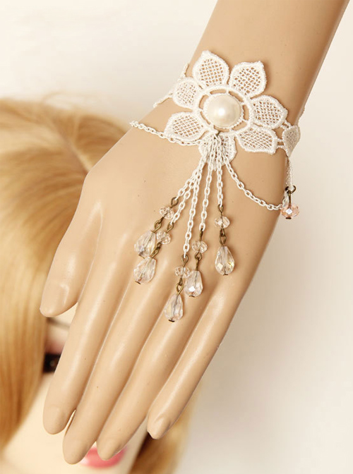 White Pearl Lace Bride Wedding Crystal Pendant Lolita Bracelet