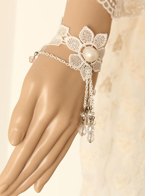 White Pearl Lace Bride Wedding Crystal Pendant Lolita Bracelet