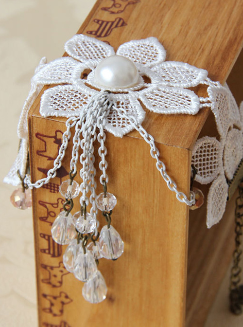 White Pearl Lace Bride Wedding Crystal Pendant Lolita Bracelet