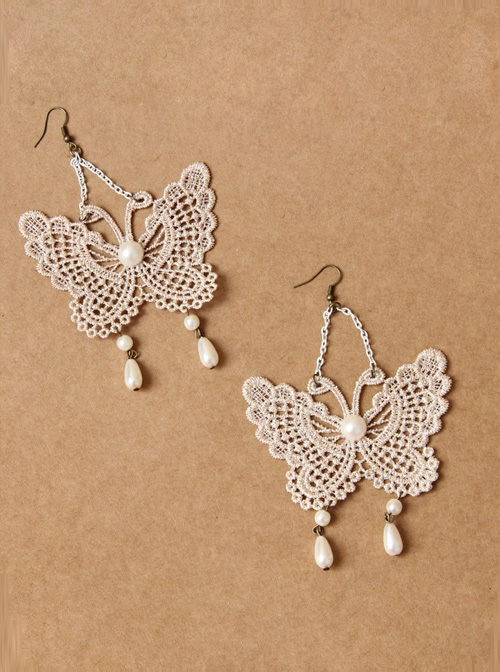 Baroque Palace Style Lace Pearls Butterfly Lolita Earrings