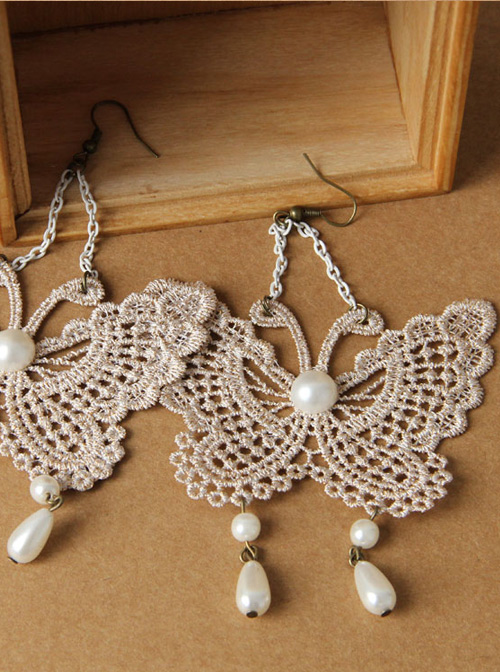 Baroque Palace Style Lace Pearls Butterfly Lolita Earrings