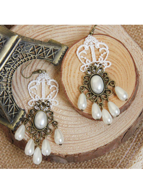 White Lace Pearl Bridal Classic Lolita Earrings