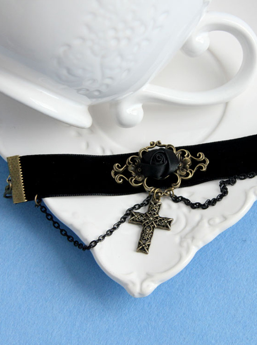 Velvet Vintage Crucifix Black Rose Elegant Gothic Lolita Bracelet